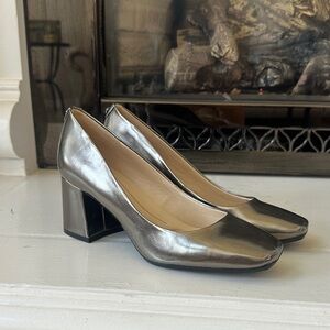 Metallic Silver Block Heel Pumps - Women's Dress Shoes